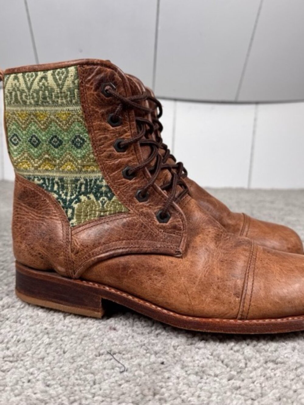 Teysha Handmade Guatemalan Leather Textile Ankle Boots Women's Size 8.5 Green